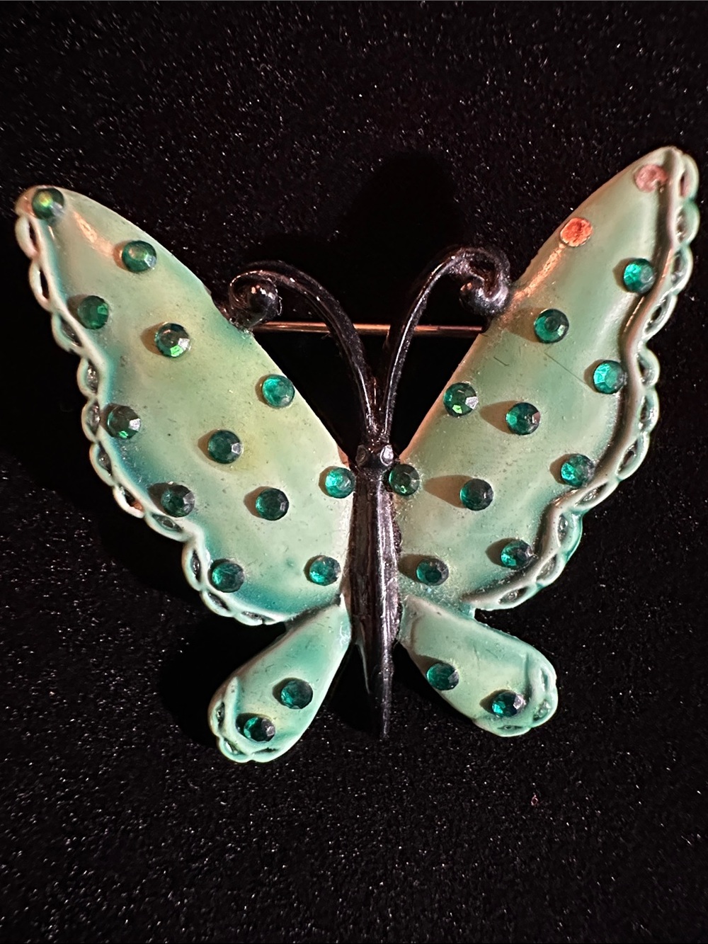 Vintage HAR Butterfly Brooch Pin Signed Hargo Creations Green Enamel Rhinestone